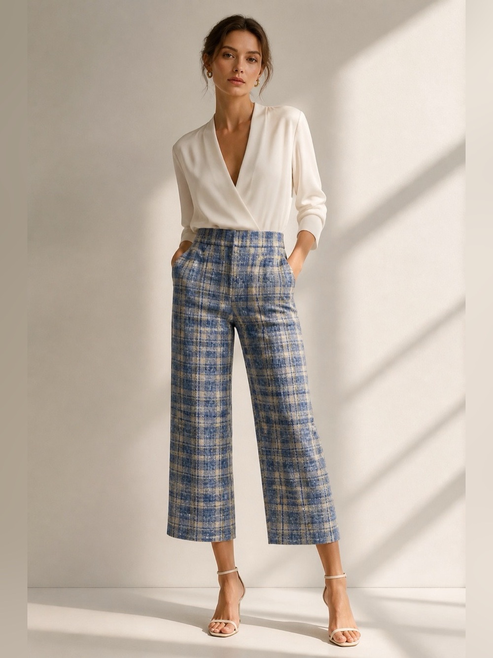 Zara High-Waisted Plaid Elegant Blue Tweed Cropped Wide-Leg Capri Pants